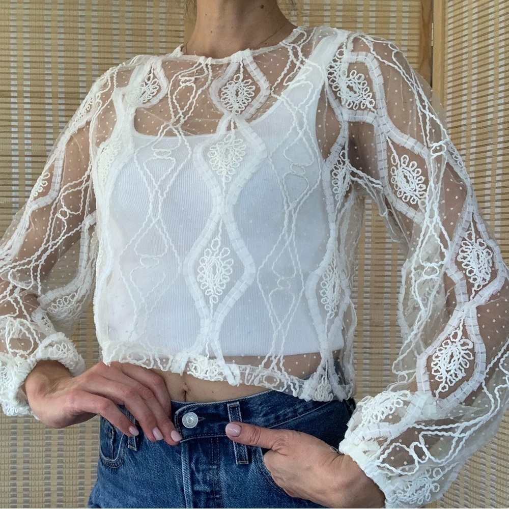 Zara white sheer lace boho long sleeve top, size Small